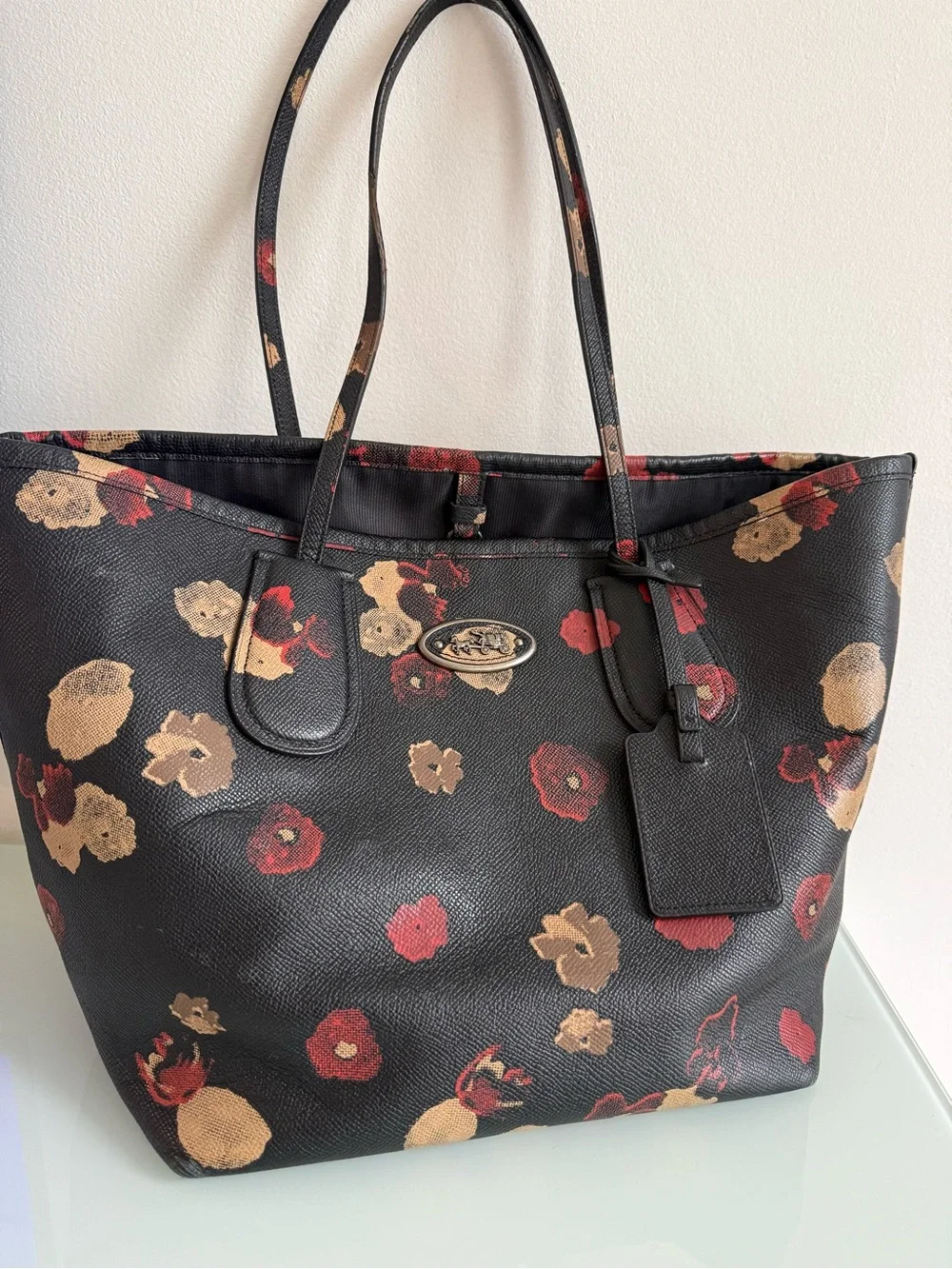 Coach Black Floral Tote with Red and Tan Bloom Print